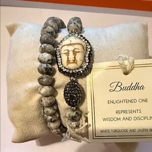 Buddha White Turquoise and Jasper beaded stretch bracelet set of 2